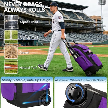 Rolling Baseball Bag with Wheels, 60L Capacity Wheeled Softball bag with Shoe Compartment for Youth & Adult, Bat bag with Hidden Straps,Fence Hook,Holds 4 Bat, Helmet, Glove - color: Purple