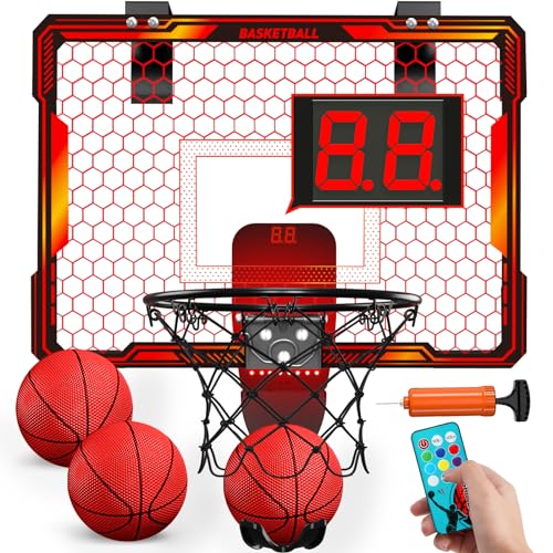 HYES Basketball Hoop Indoor, Mini Basket Ball Hoop with 7 LED Lighting, Scoreboard, Over Door Basketball Hoop with 3 Modes, Volume Adjustable, Foldable, Basketball Toys Gifts for Kids Adults - size: red- with remote controller