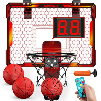 HYES Basketball Hoop Indoor, Mini Basket Ball Hoop with 7 LED Lighting, Scoreboard, Over Door Basketball Hoop with 3 Modes, Volume Adjustable, Foldable, Basketball Toys Gifts for Kids Adults - size: red- with remote controller