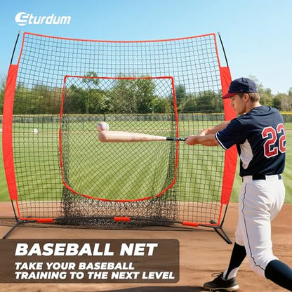 7 x 7 ft Baseball Net, Baseball Softball Batting Net for Practice Hitting Pitching Fielding, Quick Setup, Portable, with Carry Bag, 4 Ground Stakes - color: Red