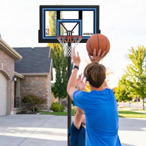 Lifetime NBA In-Ground Basketball Hoop, 50 Inch Shatterproof Fusion Backboard, Adjustable Height 7.5-10 Ft, Action Grip Adjust, Slam-It Rim