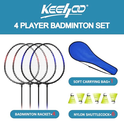 KH Badminton Rackets Set of 2 4 6 for Adults Kids,Beach Lawn Backyard Game Outdoor Sports,Racquets,Shuttlecocks & Carry Bag Included - color: Black, Red, Blue (4 Player)