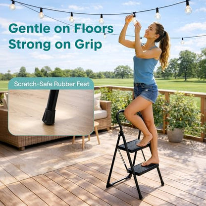 SereneLife 2-Step Ladder, Folding Step Stool for Adults, Wide Anti-Slip Pedal and Handrail, Sturdy Steel Build, 570 lbs Capacity, Portable Step Stool Ladder for Home and Office Use (Black) - size: 2 Step