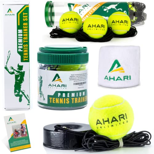 Premium Tennis Trainer Set, Pro Rebounder with Metal Base in a Carrying Cylinder, 3 Replacement Rebound Balls, & Wristband, Portable Tennis Practice Equipment for Solo Training