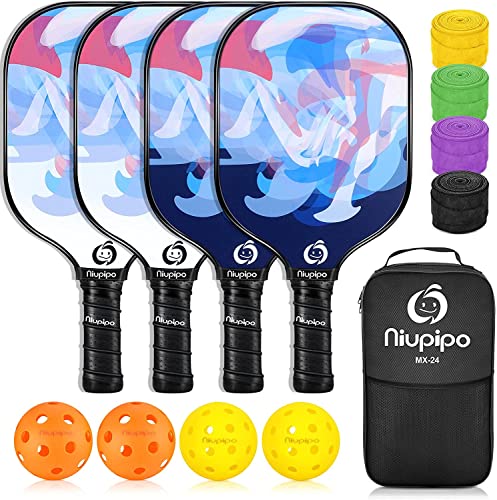 niupipo Pickleball Paddles Set of 2 or 4, USAPA Approved Fiberglass Pickleball Paddle Set with Balls and Bag, Polypropylene Honeycomb Core, Lightweight Pickleball Paddles for Beginners Men Women - color: White and Blue*4