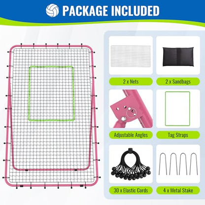 Volleyball Rebounder Net 7x4 FT, 5-Angle Adjustable Bounce Back Net, Steel Frame & PE Training Net for Volleying/Spiking, Rust-Resistant & Durable – w/Travel Bag, 2 NETS - color: Pink + Green