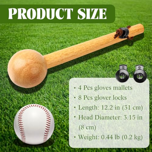 Sliner Set of 4 Baseball Hammer, Baseball Softball Glove Break in Mallet, Wood Mallets with 2 Pcs Glover Lock for Pocket Shaping Finger Loosening Faster Glove Conditioning, 12 Inch