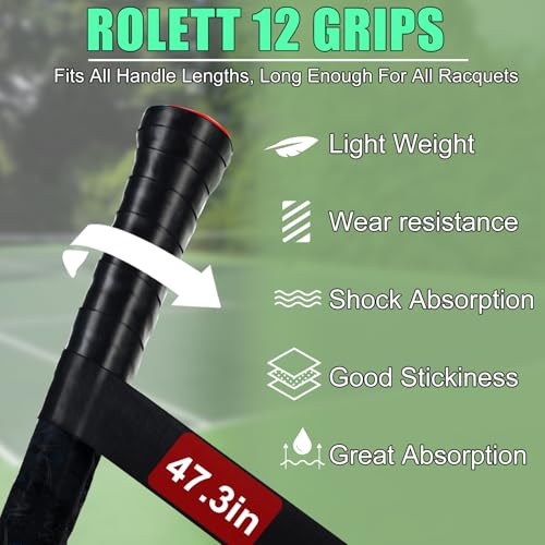 Rolett 12 Pack Tennis Racket Grip Tape, Precut Anti Slip Tennis Grip Tape, Absorbent and Dry Feel Tennis/Pickleball/Badminton Grips Overgrip Tape, Highly Comfortable Overgrip Tennis Racket Tape