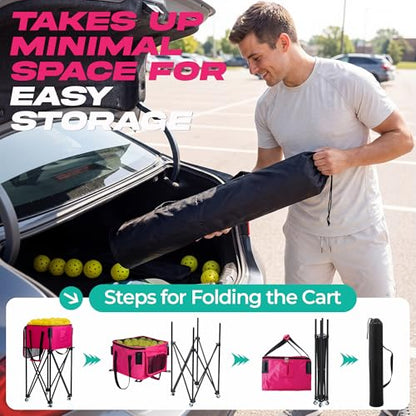Pickleball Cart With Wheels, Foldable Tennis Ball Hopper Basket, Lightweight Ball Caddy With Zippered Mesh Lid, Portable Sports Ball Storage For Outdoor Court, Home Training, Kids Youth Adults