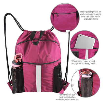 BeeGreen Drawstring Backpack Bag with Shoe Compartment, X-Large Black Gym Sports String Cinch Backpack - color: Rose Red