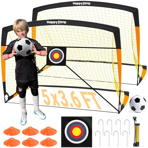 Happy Jump 7x5' & 5x3.6' Portable Soccer Goals for Kids Ages 6-14, Weatherproof Net and Steel Frame for Backyard Fun and Outdoor Training, Quick Setup and Sturdy for All Weather Conditions - style: 5x3.6 FT, 2 Set Upgrade