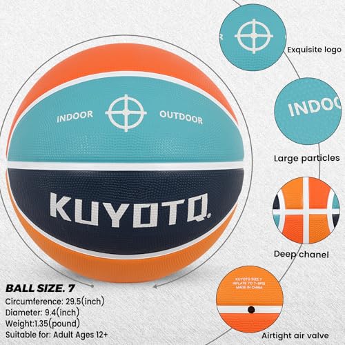KUYOTQ Official Size 7 Basketball 29.5" Orange Teal Blue Thickened Rubber in&Outdoor Mens Basketball for Game Play(Deflated)