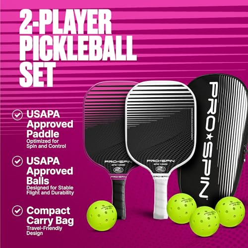 PRO-SPIN Carbon Fiber Pickleball Paddles Set of 2 | Lightweight Pickleball Set with Indoor/Outdoor Balls and Bag – Durable Pickle Ball Paddle Gift for Men, Women & Families - color: 2-Player Set | Pink/White