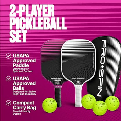 PRO-SPIN Carbon Fiber Pickleball Paddles Set of 2 | Lightweight Pickleball Set with Indoor/Outdoor Balls and Bag – Durable Pickle Ball Paddle Gift for Men, Women & Families - color: 2-Player Set | Pink/White
