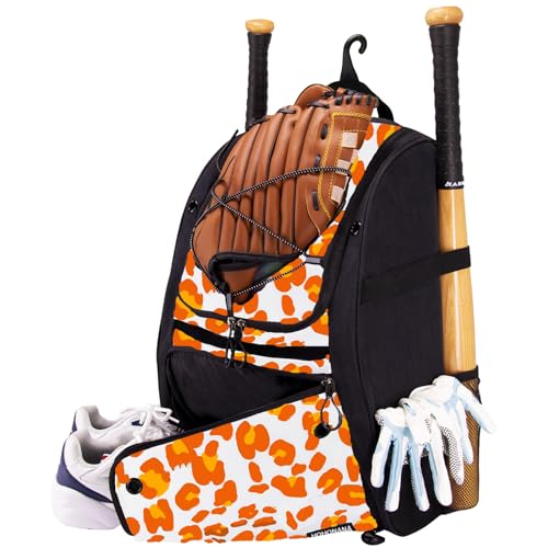 Youth Softball Equipment Bag with Vented Shoe Compartment, Baseball Bat Bag, Fence Hook, for Batting Mitten, Helmet, Teeball Gear, Adult Boys Girls Kids - color: Orange Leopard