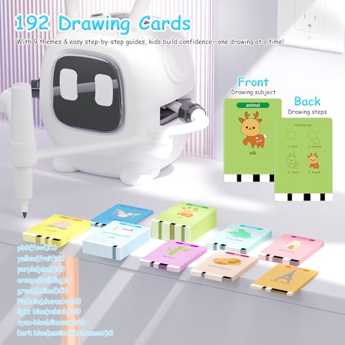 Drawing Robot for Kids: Interactive Educational Toy - Auto Drawing Machine with 192 Cards & 10 Pens - Montessori Learning Gifts for 3-8 Year Old Boys Girls - color: White