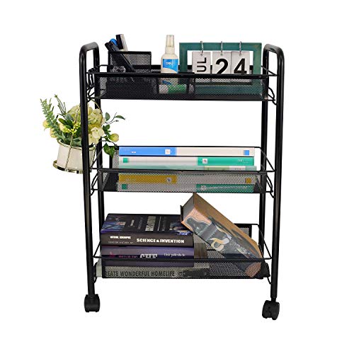 OVICAR Mesh Wire 3 Tier Rolling Cart, Kitchen Storage Utility Cart, Multifunction Basket Stand for Bathroom, Full Metal Storage Art Trolley Carts with Wheels & 4 Side Hooks (Black) - color: Black, size: 3 tier