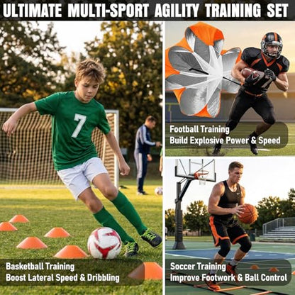 MUROZA Agility Ladder, Agility Speed Training Equipment Set, 20ft Speed Ladder, 12 Soccer Cones, 4 Hurdles, Jump Rope, Running Parachute, Soccer Football Basketball Training Equipment Accessories - color: Orange