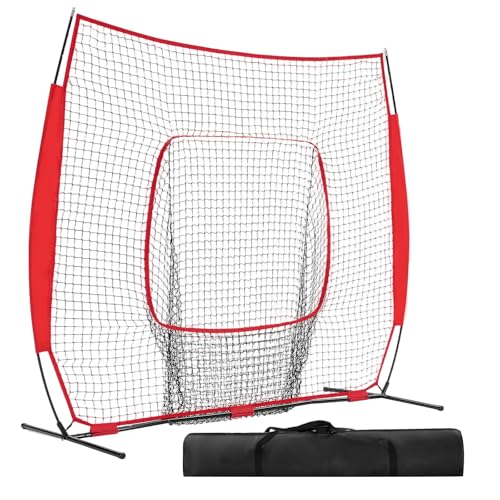 OLIXIS 7x7 FT Baseball Hitting Net, Portable Softball Nets with Carry Bag, Baseball Pitching Net for Hitting, Batting, Pitching, Throwing, Indoor/Outdoor Versatile Use for All Levels - color: Red