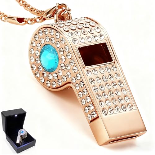 PCTC Shining Whistle,Crystal-Encrusted Metal Whistle with Decorative Chain Great for Referees, Coaches Party and Gift Accessory[Gold Exterior] - color: Blue