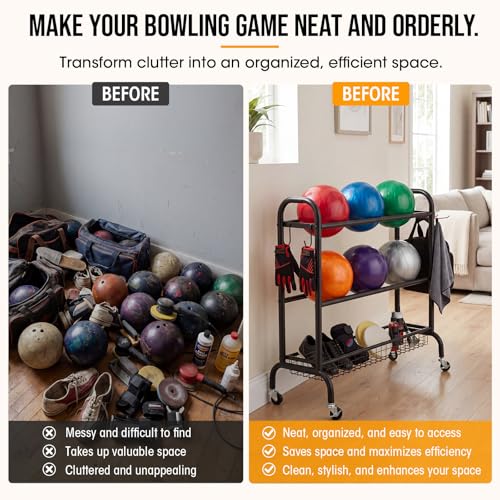 Sosation Bowling Ball Rack with Wheels 3 Tier Heavy-Duty Rolling Bowling Ball Storage Stand with Basket for Sports Equipment Accessories, Home, Gym (Holds 6 Balls)