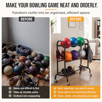 Sosation Bowling Ball Rack with Wheels 3 Tier Heavy-Duty Rolling Bowling Ball Storage Stand with Basket for Sports Equipment Accessories, Home, Gym (Holds 6 Balls)