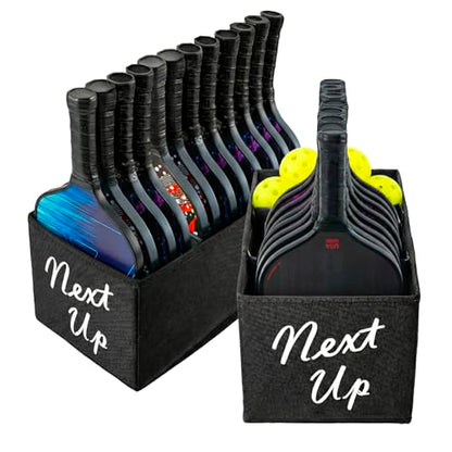 MyGift Portable Foldable Pickleball Paddle Queue Baskets – Holds Up to 24 Paddles, Black Fabric Organizer with Ball Compartment & Next Up Marker for Indoor and Outdoor Courts, Set of 2