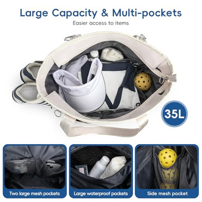 Pickleball Tote Bag for Women with Fence Hook, Quilted Pickleball Bag Holds 3-4 Paddles with Shoe Compartment & Wet Pocket - color: Beige