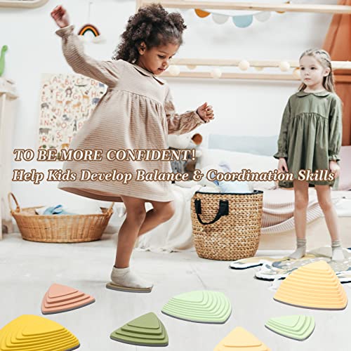 makarci Stepping Stones for Kids 12pcs Obstacle Courses Play Indoor Outdoor, Full Rubber Rim Plastic Hilltop for Kids Balance and Integration Improvement Age 3 4 5 6 7 8 +（Forest）