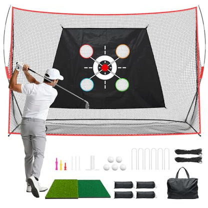 Golf Nets for Practice,10 x 7 FT Golf Hitting Net, Study Golf Chipping Net with Multi - Objective Target Cloth, Tri-Turf Mat and Another 20 accs, Easy to Set Up, Indoor/Outdoor Use, Garage/Yard Train