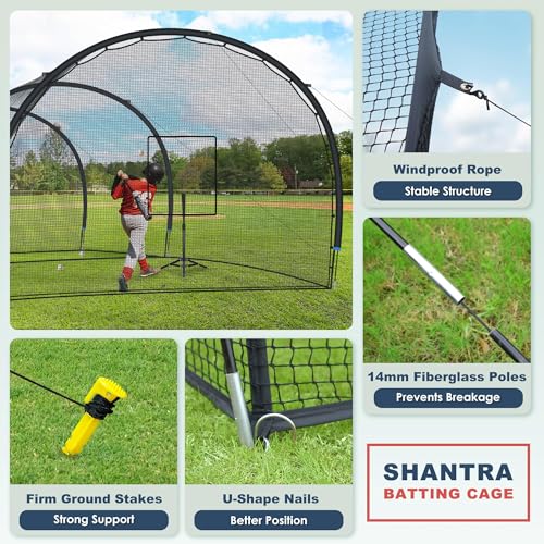 SHANTRA Batting Cage with Frame and Net, 13/22/30FT Baseball Batting Cage for Backyard, Baseball & Softball Hitting Cage Netting for Outdoor Hitting & Pitching Practice, Softball Baseball Cage - style: 22×13×9ft,Enclosed Door & Pitching Machine Hole