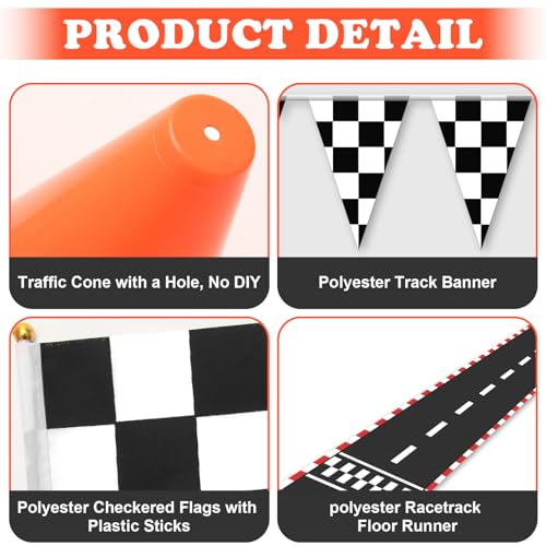 AHIER 38 Pcs Traffic Cones and Racing Flags Set - 12 Plastic Cones With Hole, 24 Checkered Flags With Sticks, 6.5Ft Racetrack Floor Runner and 9.8ft Race Track Banner