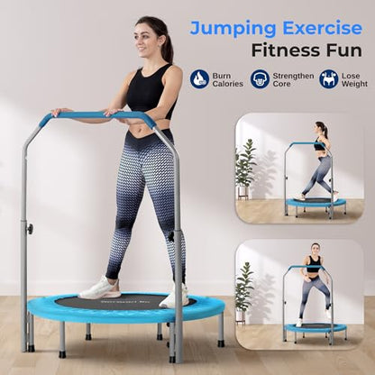 SereneLife 40" Foldable Mini Trampoline for Adults - Compact Fitness Rebounder with Adjustable Foam Handle, Exercise Trampoline with Max Load 330lbs, Indoor/Garden Whole-Body Workout - color: Sky Blue