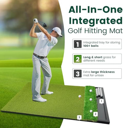 Golf Hitting Mat with Ball Tray 5x4ft - 6x4ft Dual-Turf Practice Mat for Indoor & Outdoor Use Golf Training Mat with Rubber Tee Holes, Suitable for Swing Driving & Chipping - size: 5 x 4 ft - 1.22"