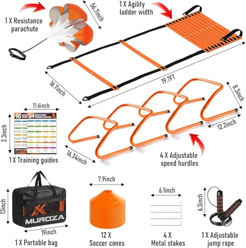 MUROZA Agility Ladder & Soccer Goal Training Set, 20ft Speed Ladder with Cones, Hurdles, Jump Rope & Parachute, Plus 2 Pack Pop Up Kids Soccer Goals with Ball & Cones for Backyard Sports Practice