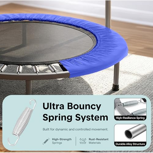 SereneLife 40" Foldable Mini Trampoline for Adults - Compact Fitness Rebounder with Adjustable Foam Handle, Exercise Trampoline with Max Load 330lbs, Indoor/Garden Whole-Body Workout - color: Deep Blue