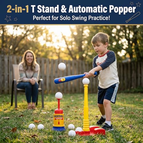 T Ball Stand for Kids and Toddlers 1-3, 3-5, 5-8. Baseball Set Includes 6 Large Balls, an Adjustable Tball Batting Tee, and a Pitching Machine. Kids Bat and Ball, T-Ball Sets for Kids