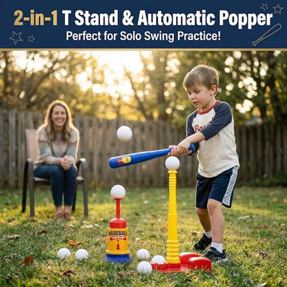 T Ball Stand for Kids and Toddlers 1-3, 3-5, 5-8. Baseball Set Includes 6 Large Balls, an Adjustable Tball Batting Tee, and a Pitching Machine. Kids Bat and Ball, T-Ball Sets for Kids
