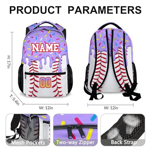 Kids Schoolbag for Girls Custom Ice Cream Baseball Backpack for Children Teen Baseball School Supplies, 17 Inch Cute Girls Bookbag for Preschool Elementary Kindergarten Vacation Travel Picnic