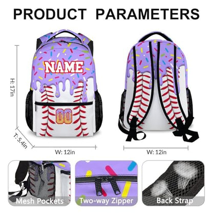Kids Schoolbag for Girls Custom Ice Cream Baseball Backpack for Children Teen Baseball School Supplies, 17 Inch Cute Girls Bookbag for Preschool Elementary Kindergarten Vacation Travel Picnic