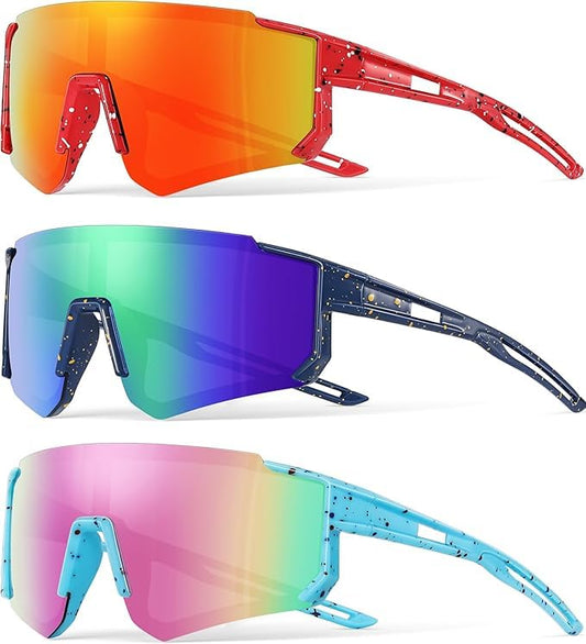 3PACK Kids Sunglasses Youth Baseball Sunglasses for Boys Girls Age 4-12,Softball Sports Cycling Goggles UV Protection - color: A10-red Red+deep Blue Green+pink