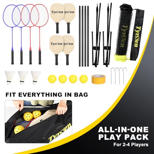 Portable Pickleball Badminton Net Set, 17FT Adjustable Heights All-in-One Net w/4 Pickleball Paddles 4 Badminton Rackets, Freestanding Pickleball Badminton Net for Backyard Driveway - style: Wood Pickleball Paddles