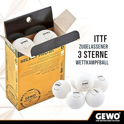 GEWO Tischtennisbälle Select PRO - 3 Sterne Tischtennis-Ball aus Plastik 40+ mit Naht - ITTF-zertifizierte Wettkampf Bälle - hochwertige Profi-Tischtennisbälle weiß, 40+mm Durchmesser
