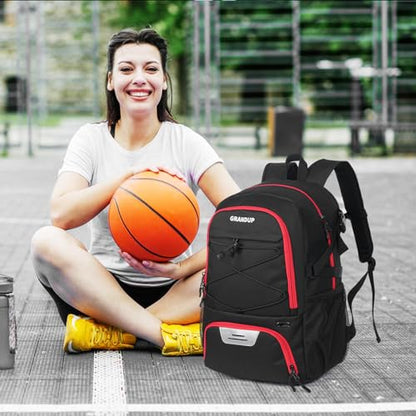 GRANDUP Basketball backpack with ball and shoes compartment Fit Volleyball, soccer, Swim, Gym, Travel, and School, large capacity sports training equipment bags - color: Black With Red Zipper