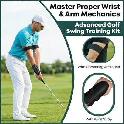 2-in-1 Golf Swing Training Aid with Arm Band & Wrist Strap, Lightweight Golf Practice Kit to Improve Swing Form and Wrist Position for Beginners
