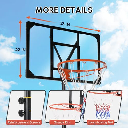 PEXMOR 5.05-8.53FT Portable Basketball Hoop, Adjustable to Any Height Easily, 33" Backboard for Teenagers, with Fillable Base & Wheels, Basketball Goal for Outdoor, Indoor, Backyard, Driveway