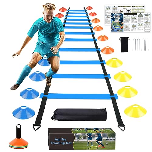 Soccer Speed Agility Training Set - 20FT Agility Ladder 12/16 Sports Cones and Soccer Kick Trainer Football Training Equipment Footwork Drills for Youth and Adults