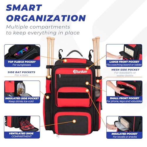 Rolling Baseball Bag with Wheels, 70L Large Capacity Baseball Backpack with Hidden Shoulder Strap, Sturdy Softball Bag with Multi-Pockets, Shoe Compartment, Fence Hooks for Players, Coaches - color: Red