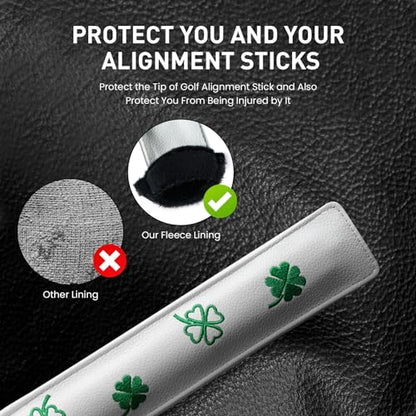 FINGER TEN Golf Alignment Stick Cover Headcover Rods Holder Case Leather 14''× 2'' in USA Black White Green Hold At Least 2 Sticks - color: White-Lucky Clover