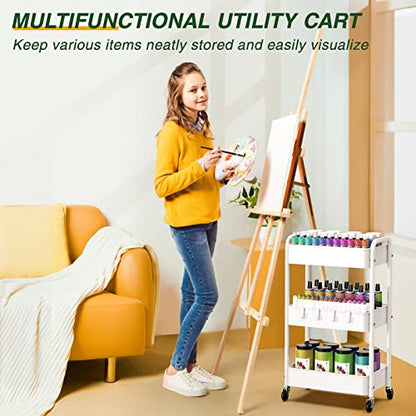 3 Tier Rolling Storage Cart, Metal Trolley Utility Cart with Wheels & Hooks, Easy Assembly Organizer Storage Cart for Bathroom Kitchen Office Bedroom